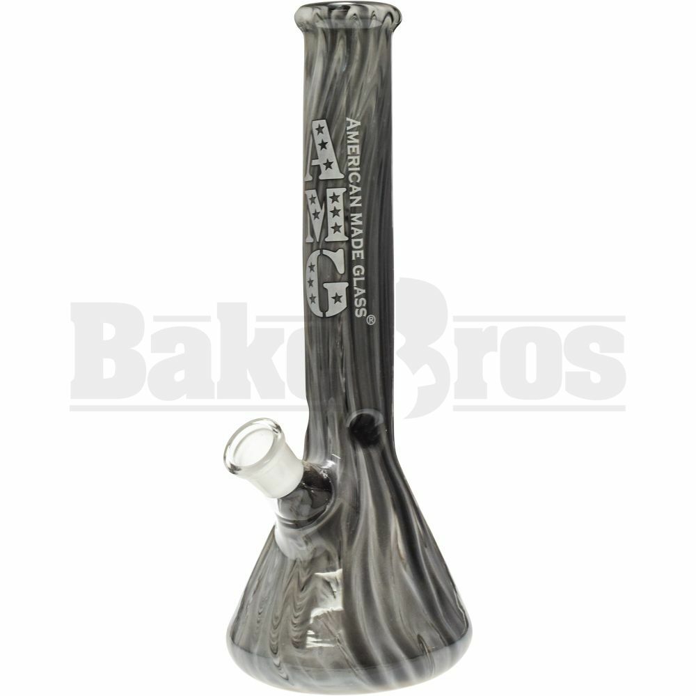 AMG GLASS WP BEAKER W/ RAKED DESIGN 10" BLACK WHITE FEMALE 18MM