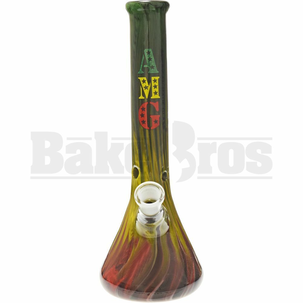 AMG GLASS WP BEAKER W/ RAKED DESIGN 10" RASTA BLACK FEMALE 18MM