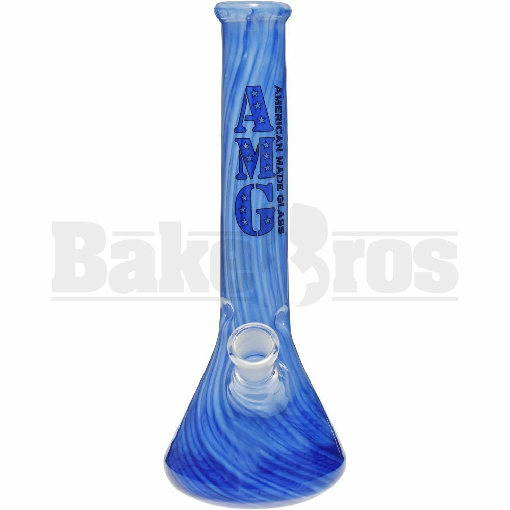 AMG GLASS WP BEAKER W/ RAKED DESIGN 10" BLUE WHITE FEMALE 18MM