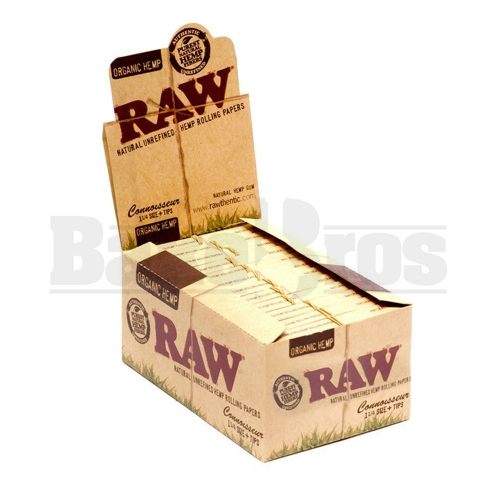 RAW ORGANIC HEMP ROLLING PAPERS W/ TIPS CONNOISSEUR 1 1/4 50 LEAVES UNFLAVORED Pack of 24