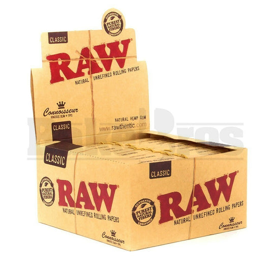 RAW CLASSIC ROLLING PAPERS W/ PRE-ROLLED TIPS CONNOISSEUR KING SIZE SLIM 50 LEAVES UNFLAVORED Pack of 24