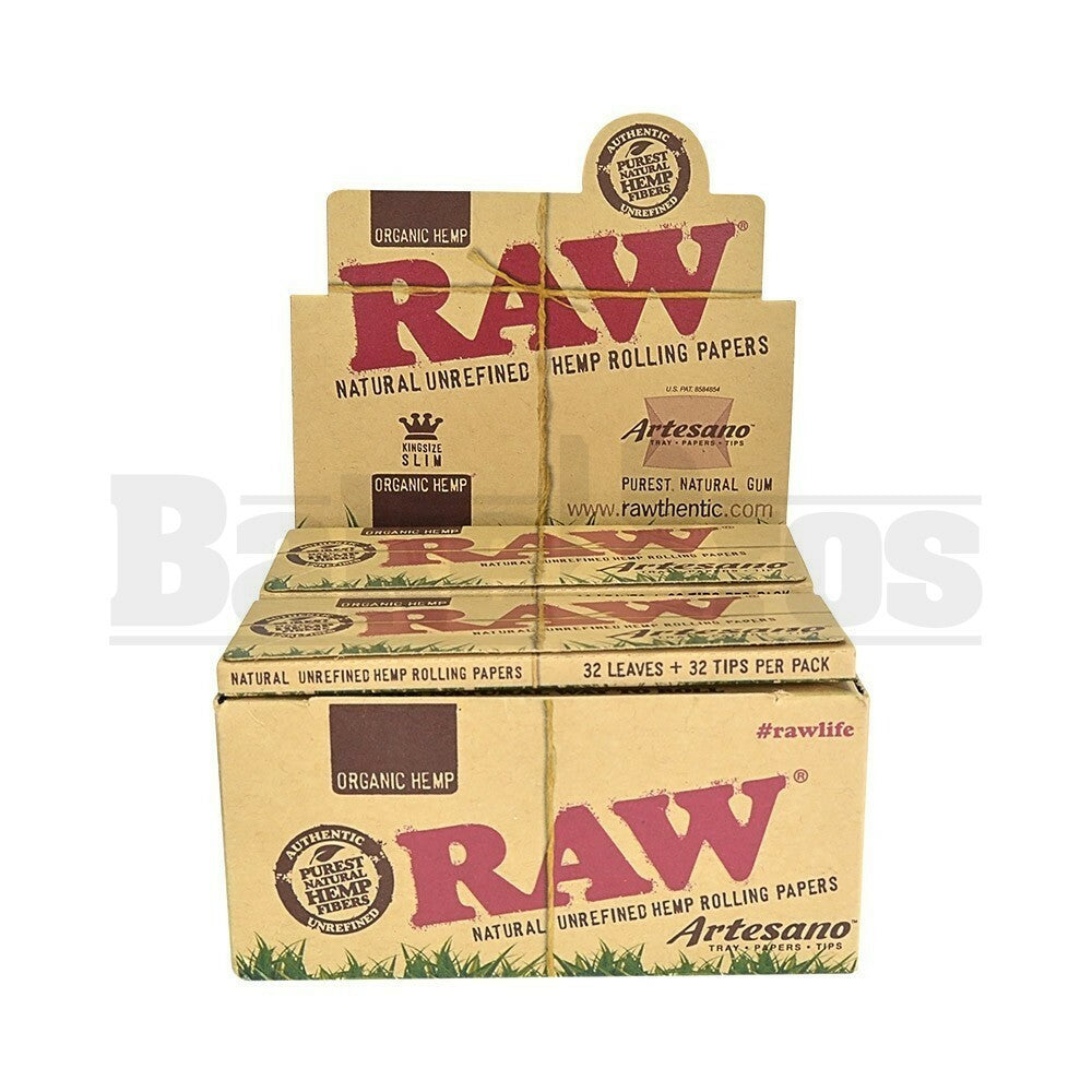 RAW ORGANIC HEMP ROLLING PAPERS ARTESANO KING SIZE SLIM 32 LEAVES UNFLAVORED Pack of 15