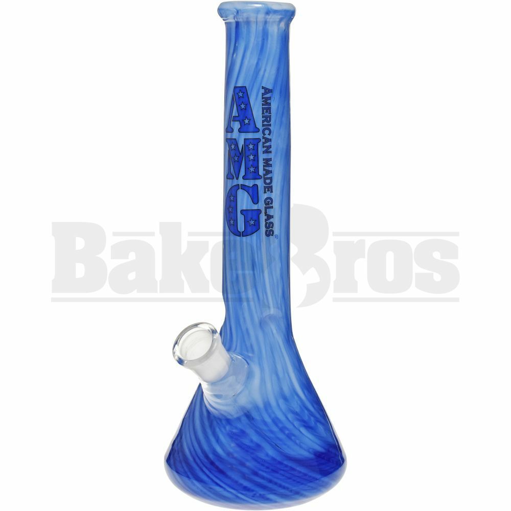 AMG GLASS WP BEAKER W/ RAKED DESIGN 10" BLUE WHITE FEMALE 18MM