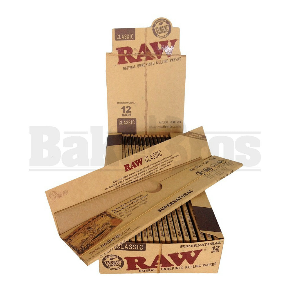 RAW ROLLING PAPERS EXTRA LONG SUPER NATURAL 12" 20 LEAVES PER PACK UNFLAVORED Pack of 20